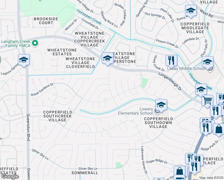 map of restaurants, bars, coffee shops, grocery stores, and more near 7742 Park Falls Drive in Houston
