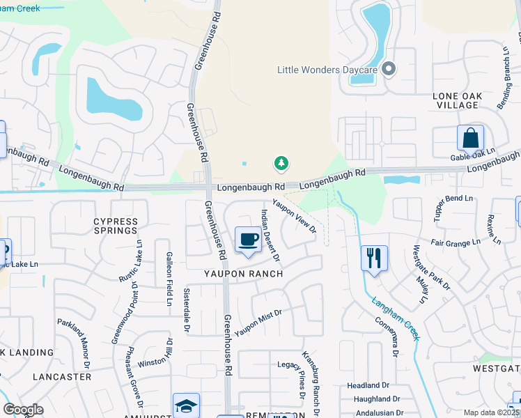 map of restaurants, bars, coffee shops, grocery stores, and more near 8115 Indian Desert Drive in Cypress