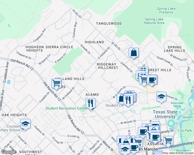 map of restaurants, bars, coffee shops, grocery stores, and more near 108 Canyon Fork in San Marcos