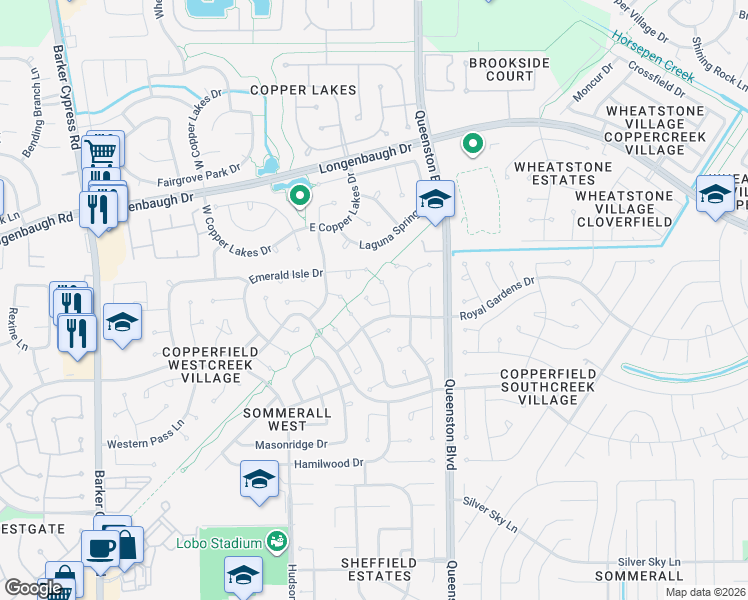 map of restaurants, bars, coffee shops, grocery stores, and more near 17218 Mesa Springs Court in Houston