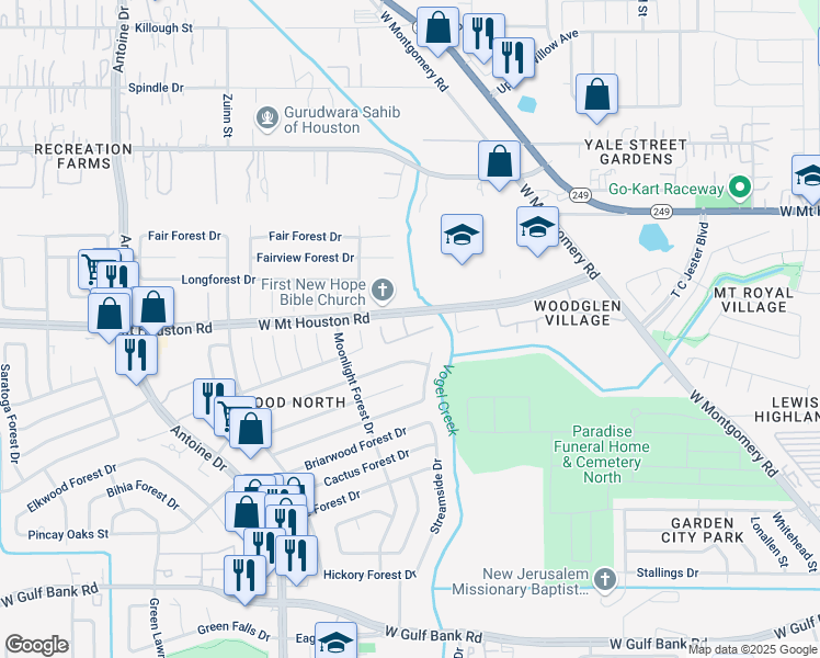 map of restaurants, bars, coffee shops, grocery stores, and more near 5350 Cherie Crest Court in Houston