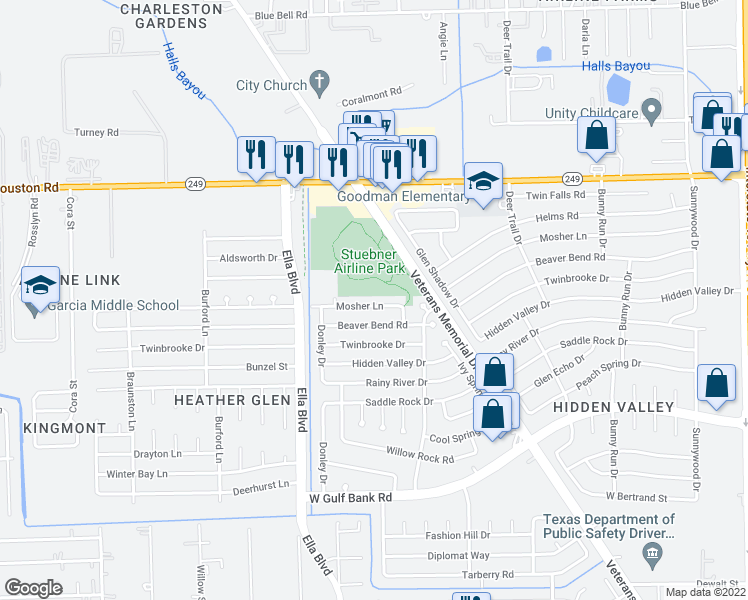 map of restaurants, bars, coffee shops, grocery stores, and more near 1634 Mosher Lane in Houston