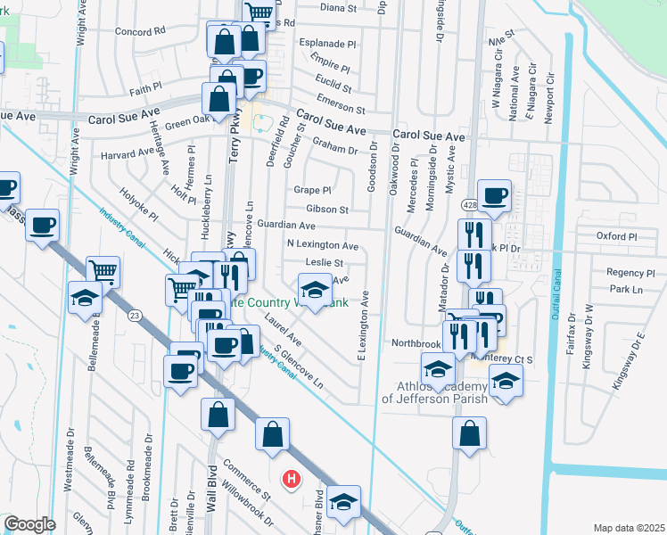 map of restaurants, bars, coffee shops, grocery stores, and more near 2156 Leslie Street in Terrytown