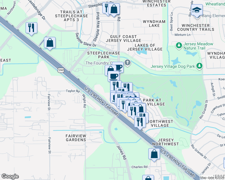 map of restaurants, bars, coffee shops, grocery stores, and more near 17650 U.S. 290 Frontage Road in Jersey Village