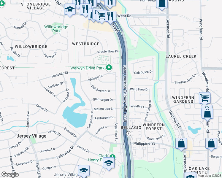 map of restaurants, bars, coffee shops, grocery stores, and more near 15310 Chichester Lane in Jersey Village