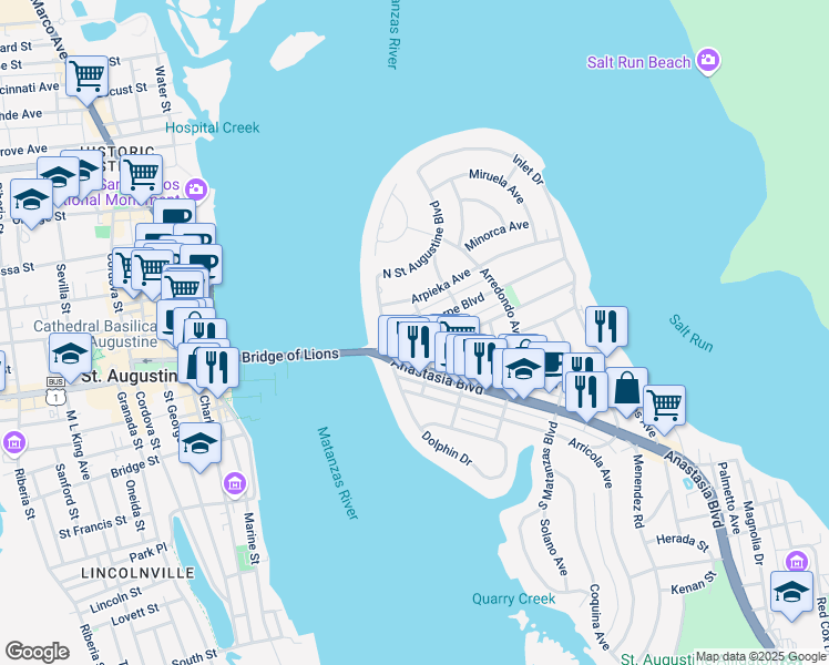 map of restaurants, bars, coffee shops, grocery stores, and more near 12 Alcazar Street in St. Augustine