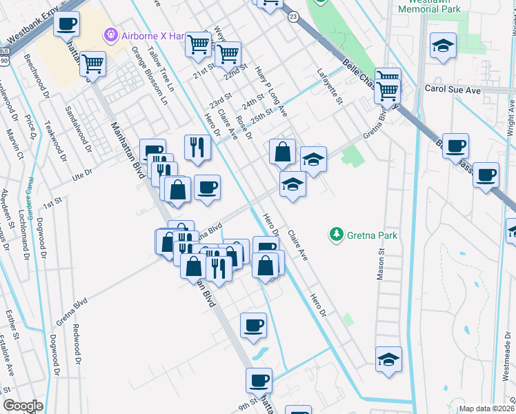 map of restaurants, bars, coffee shops, grocery stores, and more near 2900 Hero Drive in Gretna
