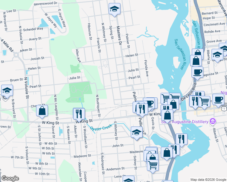 map of restaurants, bars, coffee shops, grocery stores, and more near 103 Evergreen Avenue in St. Augustine