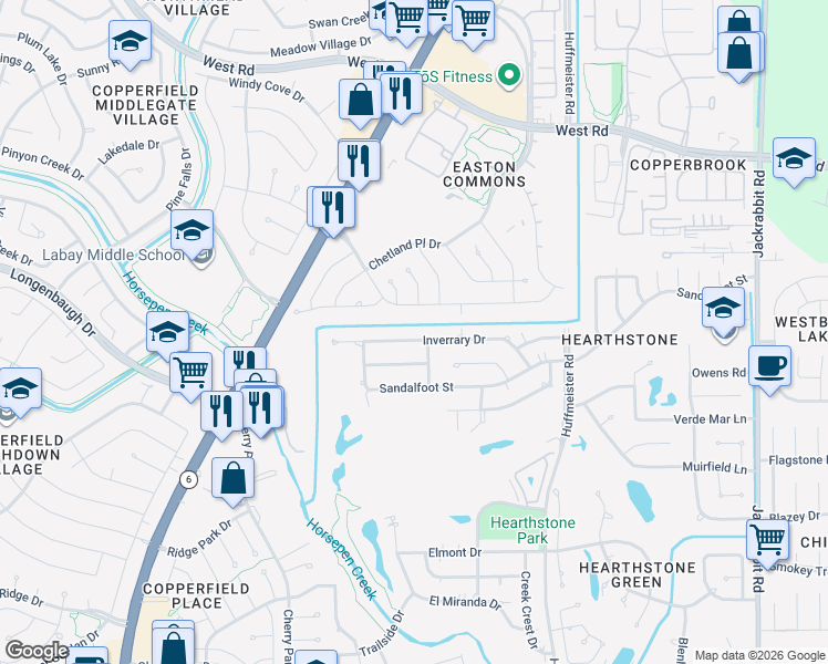 map of restaurants, bars, coffee shops, grocery stores, and more near 14934 Inverrary Drive in Houston