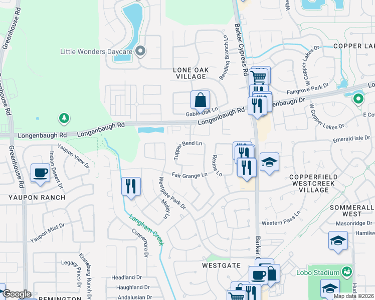 map of restaurants, bars, coffee shops, grocery stores, and more near 18238 Foley Park Court in Cypress