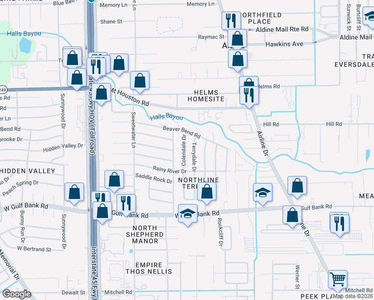 map of restaurants, bars, coffee shops, grocery stores, and more near 9231 Colendale Drive in Houston