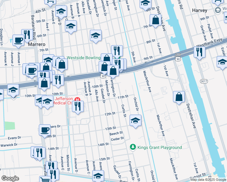 map of restaurants, bars, coffee shops, grocery stores, and more near 1012 Farrington Drive in Marrero