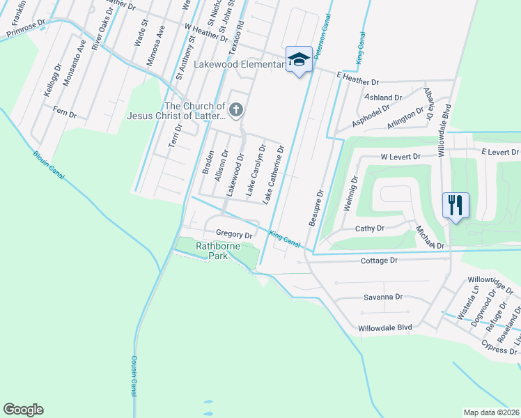 map of restaurants, bars, coffee shops, grocery stores, and more near 219 Lake Catherine Drive in Luling