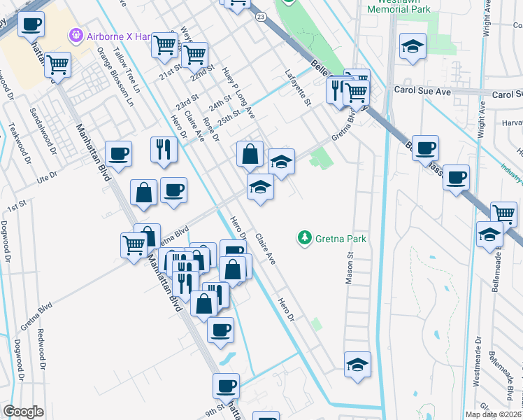 map of restaurants, bars, coffee shops, grocery stores, and more near 1130 Gretna Boulevard in Gretna