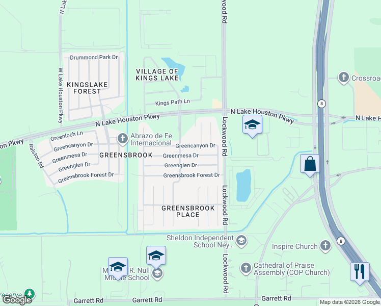 map of restaurants, bars, coffee shops, grocery stores, and more near 12419 Greenmesa Drive in Houston