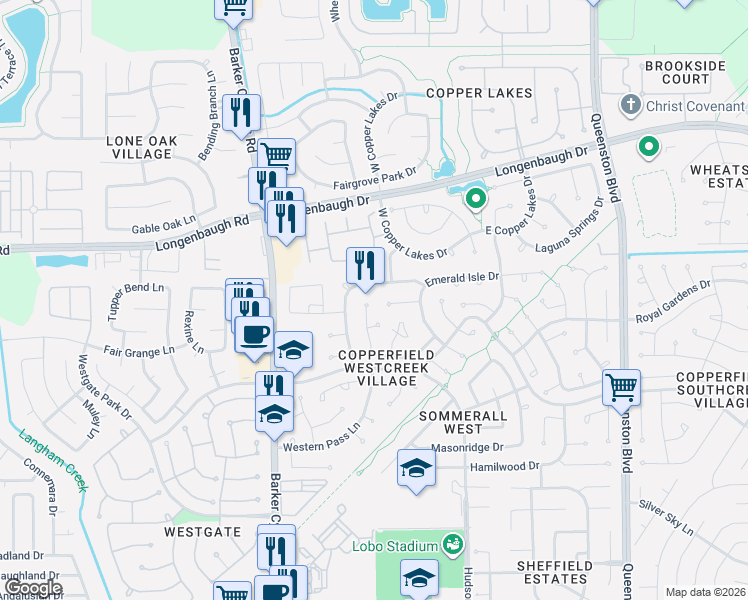 map of restaurants, bars, coffee shops, grocery stores, and more near 7934 Emerald Bluff Court in Houston
