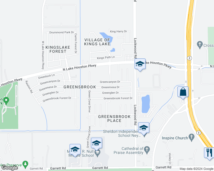 map of restaurants, bars, coffee shops, grocery stores, and more near 12327 Greenmesa Drive in Houston