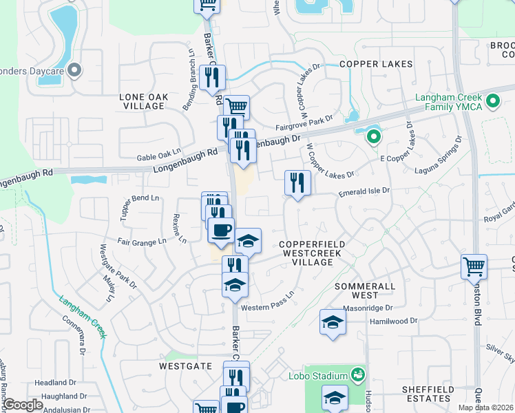 map of restaurants, bars, coffee shops, grocery stores, and more near 18010 Silver Ash Way in Houston