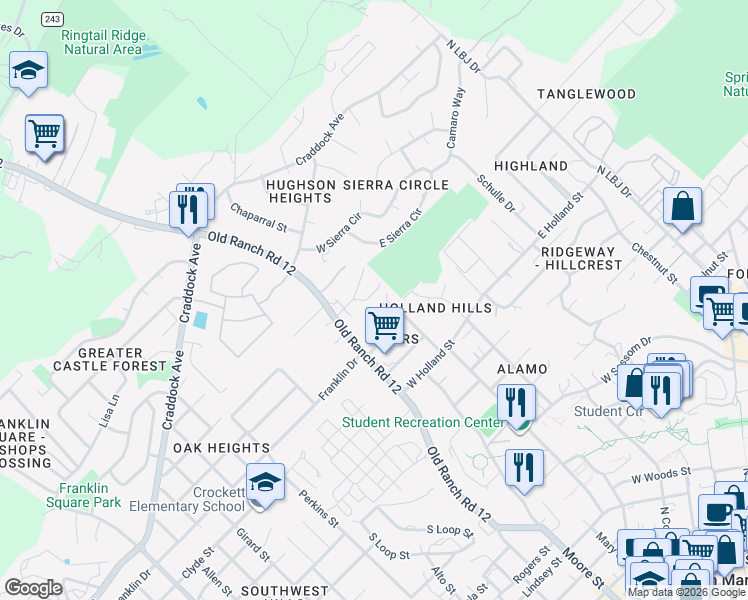 map of restaurants, bars, coffee shops, grocery stores, and more near 141 Coers Drive in San Marcos