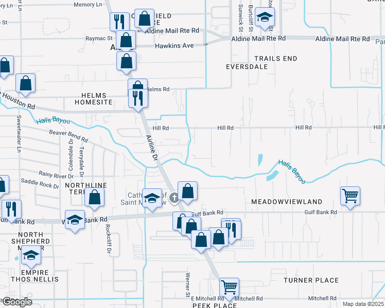 map of restaurants, bars, coffee shops, grocery stores, and more near 315A Roberts Trail in Houston