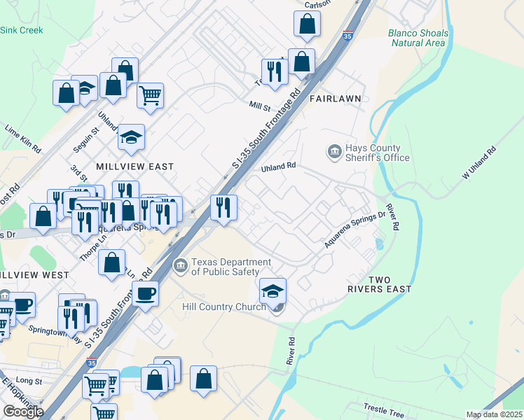 map of restaurants, bars, coffee shops, grocery stores, and more near 1606 North Interstate 35 in San Marcos