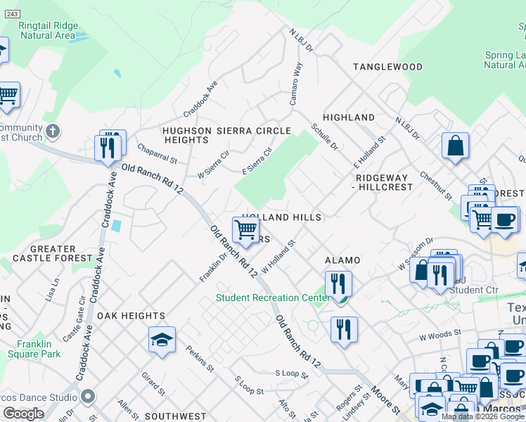 map of restaurants, bars, coffee shops, grocery stores, and more near 1523 Owens Street in San Marcos