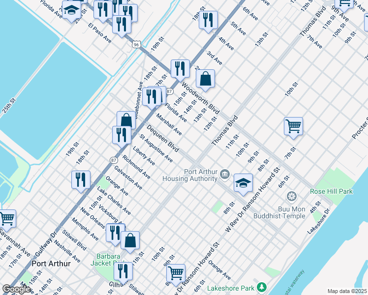 map of restaurants, bars, coffee shops, grocery stores, and more near 1320 Dequeen Boulevard in Port Arthur