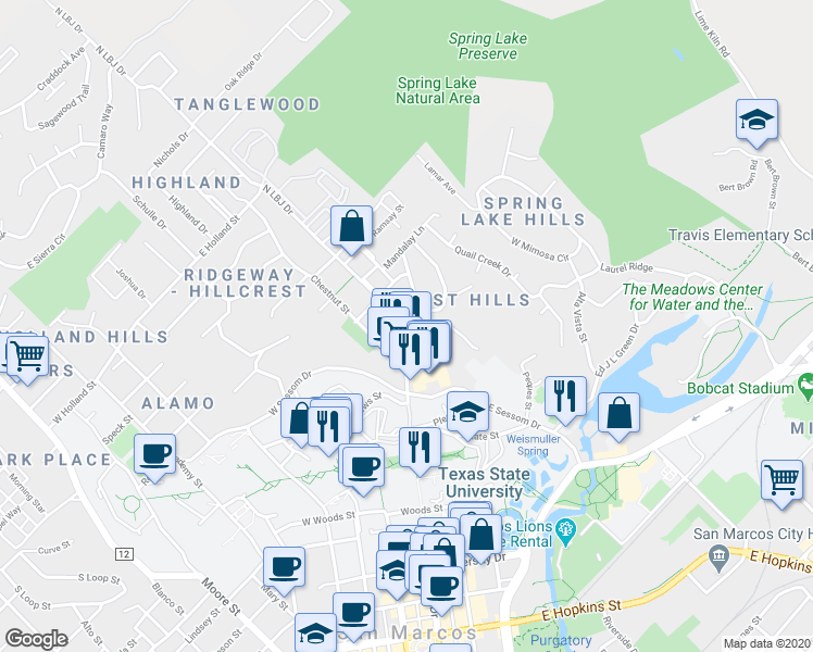 map of restaurants, bars, coffee shops, grocery stores, and more near 810 North LBJ Drive in San Marcos