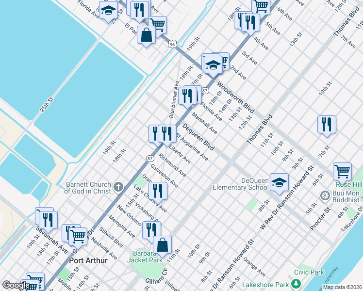 map of restaurants, bars, coffee shops, grocery stores, and more near 2325 14th Street in Port Arthur
