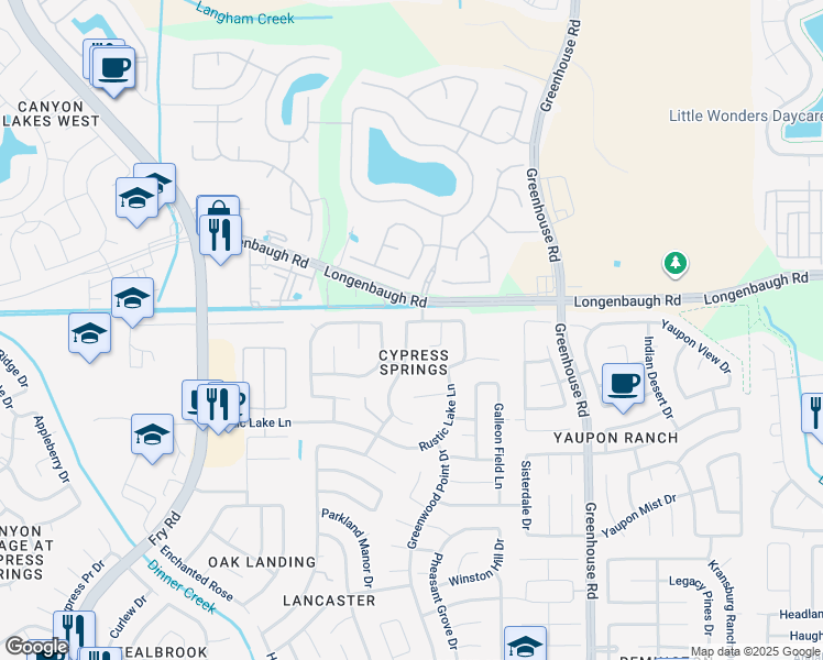 map of restaurants, bars, coffee shops, grocery stores, and more near 7926 Ashland Springs Lane in Cypress