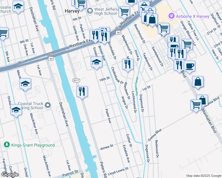 map of restaurants, bars, coffee shops, grocery stores, and more near 1301 Estalote Avenue in Harvey