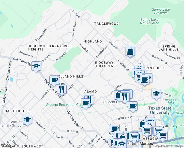 map of restaurants, bars, coffee shops, grocery stores, and more near 108 Canyon Fork in San Marcos