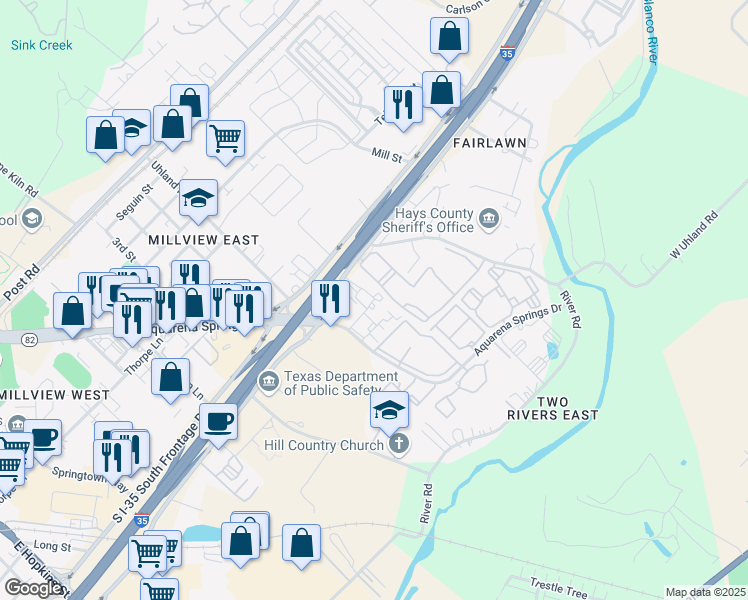 map of restaurants, bars, coffee shops, grocery stores, and more near 1707 Aquarena Springs Drive in San Marcos