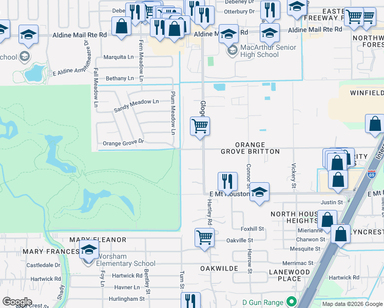 map of restaurants, bars, coffee shops, grocery stores, and more near 11769 Gloger Street in Houston