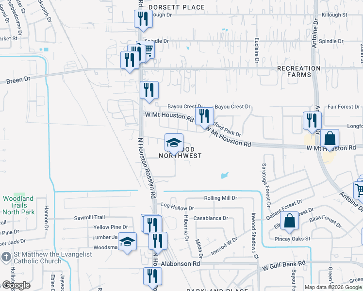 map of restaurants, bars, coffee shops, grocery stores, and more near 6811 Cheshire Park Road in Houston