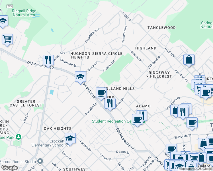 map of restaurants, bars, coffee shops, grocery stores, and more near 153 Coers Drive in San Marcos