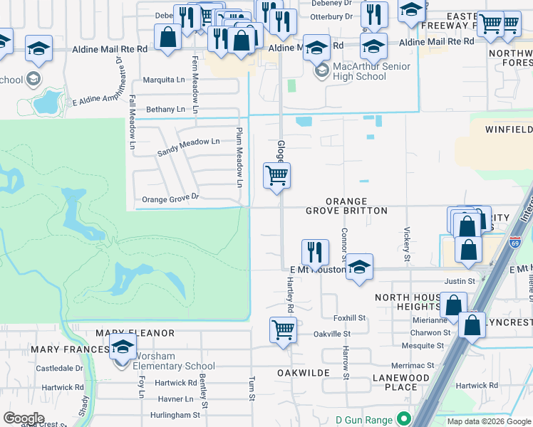 map of restaurants, bars, coffee shops, grocery stores, and more near 11769 Gloger Street in Houston
