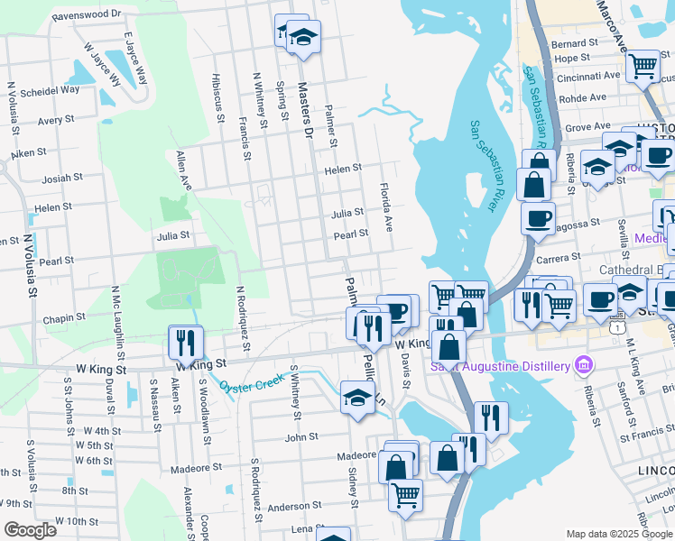 map of restaurants, bars, coffee shops, grocery stores, and more near 50 Smith Street in St. Augustine