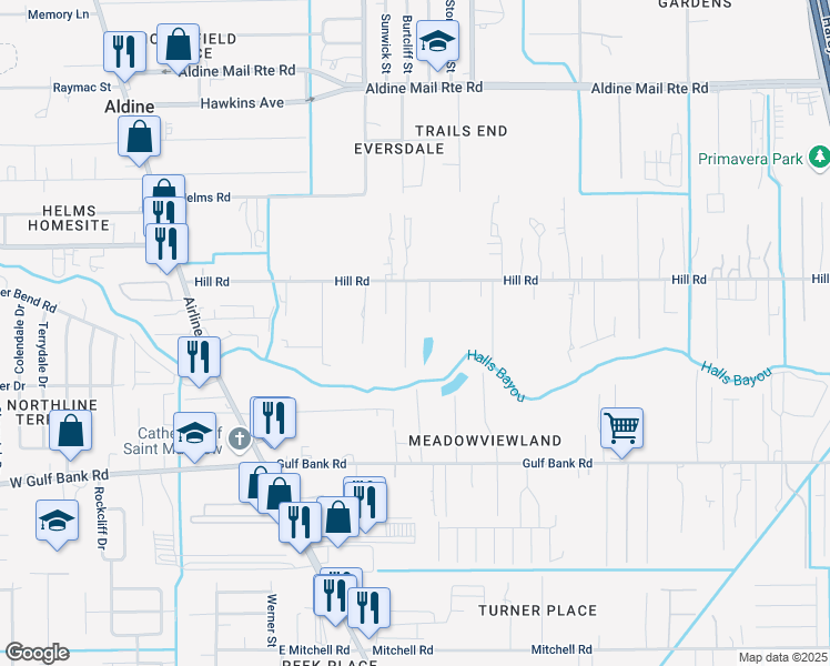 map of restaurants, bars, coffee shops, grocery stores, and more near 13501 Courrege Lane in Houston