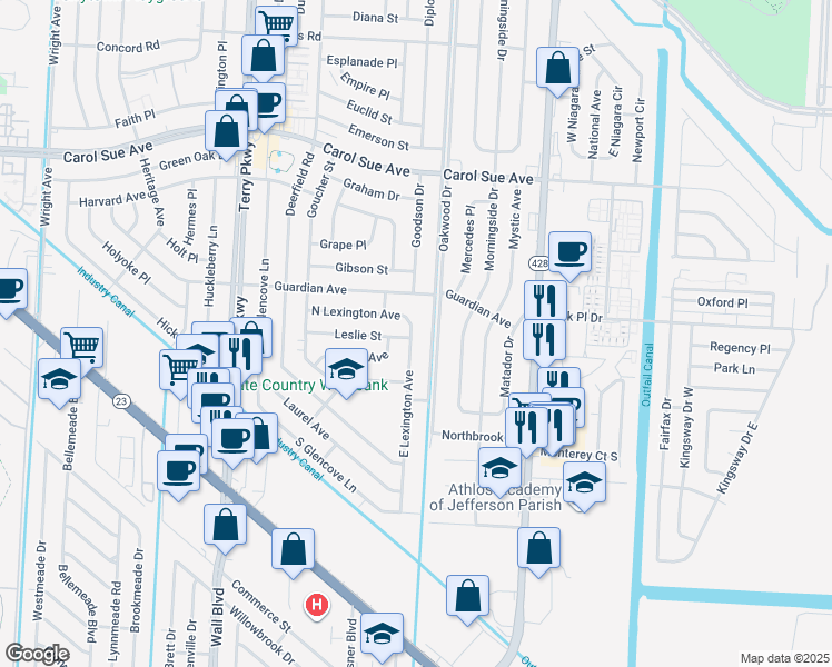 map of restaurants, bars, coffee shops, grocery stores, and more near 836 East Lexington Avenue in Gretna