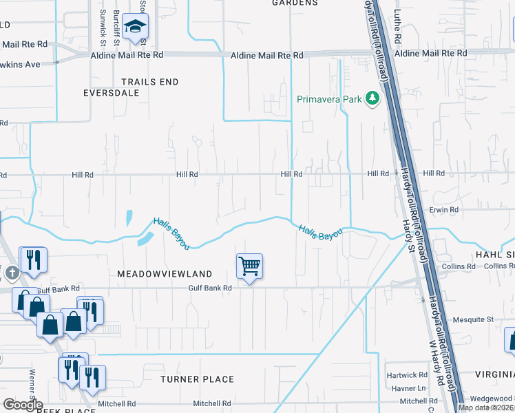 map of restaurants, bars, coffee shops, grocery stores, and more near 904 Hill Road in Houston