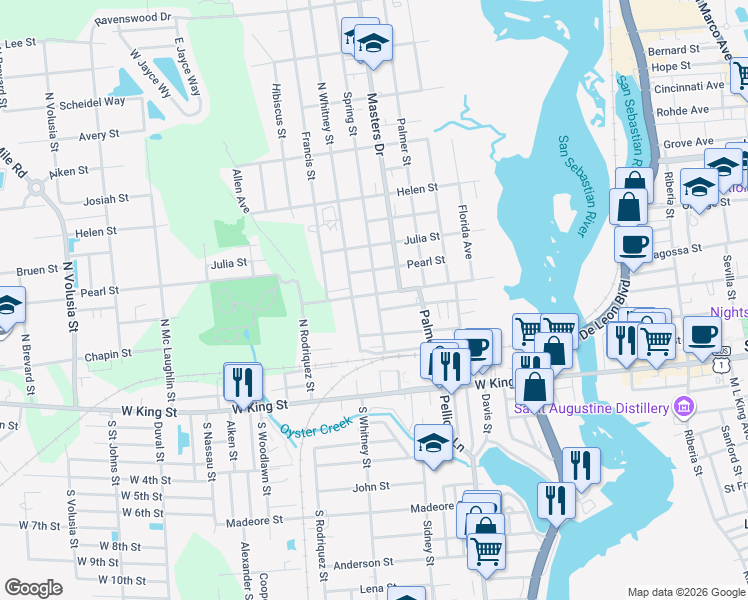 map of restaurants, bars, coffee shops, grocery stores, and more near 27 Spring Street in St. Augustine