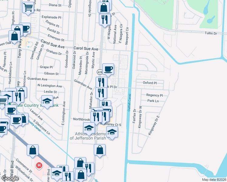 map of restaurants, bars, coffee shops, grocery stores, and more near 3 South Village Drive in Terrytown