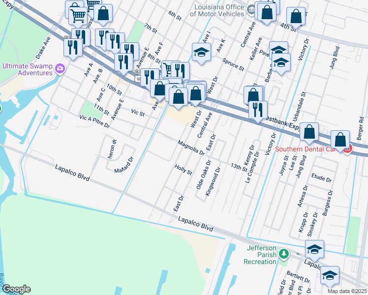 map of restaurants, bars, coffee shops, grocery stores, and more near 1222 West Drive in Westwego