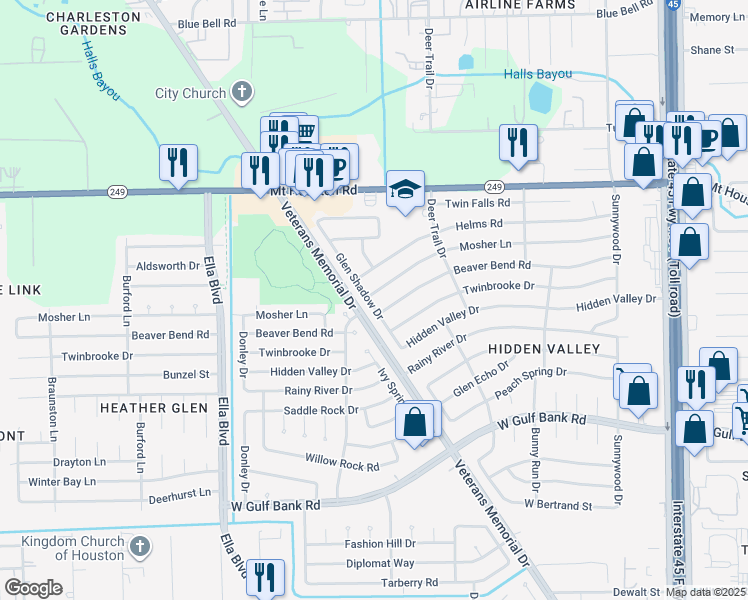 map of restaurants, bars, coffee shops, grocery stores, and more near 9111 Glen Shadow Drive in Houston