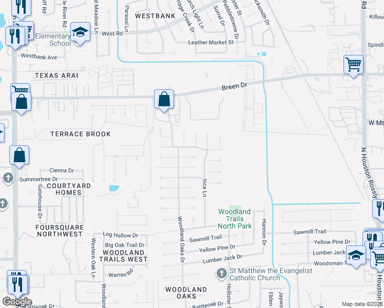 map of restaurants, bars, coffee shops, grocery stores, and more near 7803 Longshire Lane in Houston