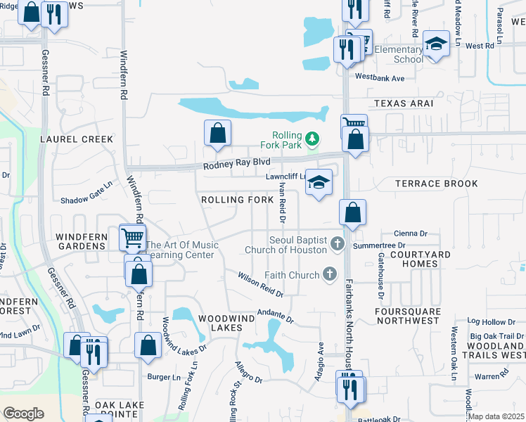 map of restaurants, bars, coffee shops, grocery stores, and more near 8310 Tiger Lane in Houston