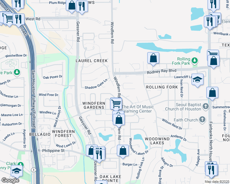 map of restaurants, bars, coffee shops, grocery stores, and more near 8334 Silvan Wind Lane in Houston