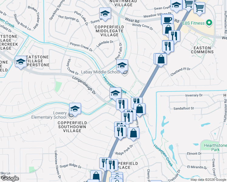 map of restaurants, bars, coffee shops, grocery stores, and more near 15711 Sweetwater Creek Drive in Houston