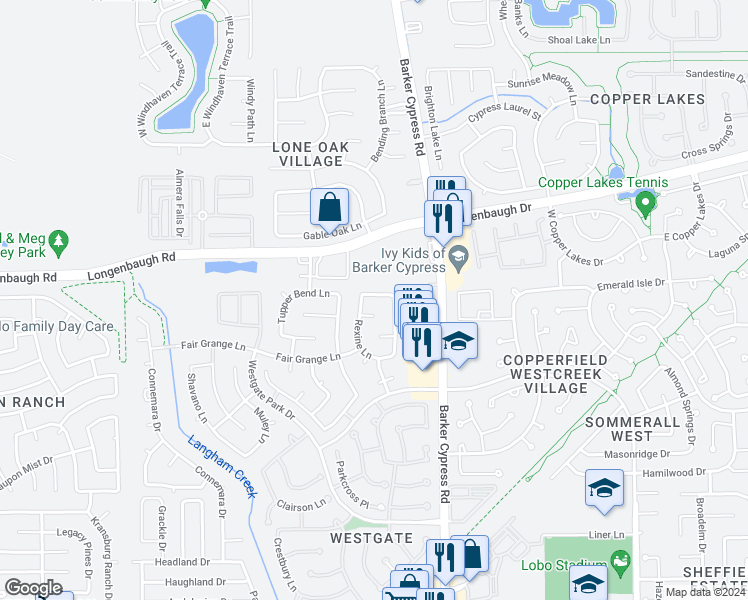map of restaurants, bars, coffee shops, grocery stores, and more near 18107 Shallow Leaf Lane in Cypress